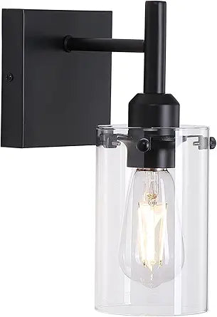 Modern Farmhouse Black Wall Sconce,1-Light Bathroom Wall Mount Vanity Light with Clear Glass Shade,Indoor Metal Wall Lamp for Living Room Bedroom Kitchen Hallway Mirror Decor
