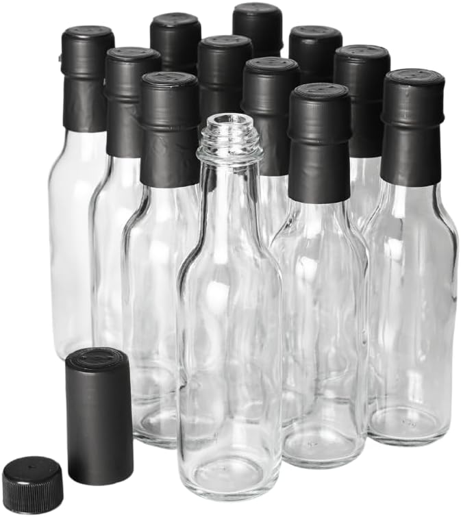 FastRack Woozy Bottle 5 oz (Pack of 12) | Small Hot Sauce Bottles for Canning | Empty Clear Glass Sauce Bottle with Black Plastic Caps & Shrink Sleeves | Leakproof Cap - No Dripper Included