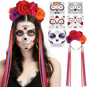 HOWAF Day of the Dead Women Costume - Dia de los Muertos Rose Flower Crown Sugar Skull Face Tattoos Skeleton Face Gem, Mexican Floral Headpiece Day of the Dead Faces Tattoos for Halloween Cosplay