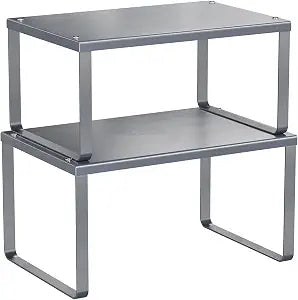 Simple Trending Cabinet Organizer Shelf, Set of 2 Kitchen Counter Shelves, Kitchen Storage, Stackable, Expandable, Metal Spice Rack for Cupboard, Bathroom, Desk, Pantry, Silver
