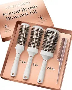 Lily England Round Hair Brush Set, 4 Piece Professional Blow Dry Kit with 3 Round Brushes and Comb for Styling, Beauty Gifts Sets for Women (White)