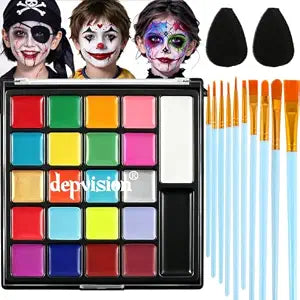 Face Body Paint Kit, 22 Colors Face Paint Palette, Depvision Oil Based Face Paint Set Non Toxic Hypoallergenic, with 10 pcs Brushes, 2 pcs sponges Halloween SFX Cosplay Party Costume Makeup