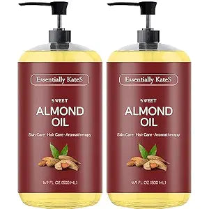 Essentially KateS Sweet Almond Oil 33.8 Fl Oz - Pack of 2 x 16.9 Fl Oz - 100% Pure and Natural - Conditioning, Moisturizing & Nourishing - No Greasy Feel - A Natural Vit. E source