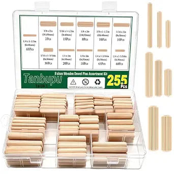 255Pcs 8 Values Wood Dowels Kit 1/4" 5/16" 3/8", Wooden Dowel Pins, Fluted Wood Dowels Rods for Crafts, Furniture, DIY Manual