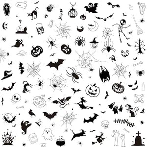 XZENTIRA 182PCS Halloween Temporary Tattoos for Kids & Adults, 15 Sheets Waterproof Fake Tattoos with Black Bats, Spiders & Skeleton Prints, Trick or Treat Party Favors, Kids Gifts