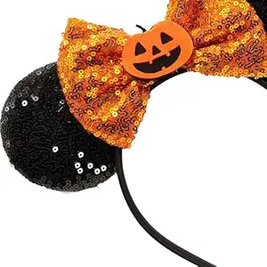 Mouse Ears Headband Halloween Headband with Pumpkin & Glitter Orange Bows Hairband,Halloween Cosplay Costume Party Hair Accessories for Women Adult Theme Park Princess Hair Decoration