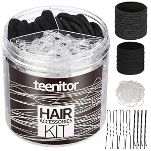 Teenitor Hair Accessories Kit for Woman Girls 500pcs Elastic Hair Bands 30pcs Ponytail Holders, Black Seamless Thick Hair Bands, 40pcs Bobby Pins Black Clear
