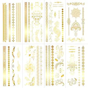 8 Sheet Gold Metallic Temporary Tattoos for Adult Women, Gold Glitter Flash Waterproof Tattoo Stickers for Beach, Festivals,Parties Tattoos Decorations Q725