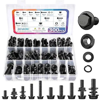 300Pcs Metric Flange Bolt Assortment, M6 M8 M10 Flange Hex Bolts and Nuts Washers Kit, Alloy Steel Class 10.9 Black Zinc Plated, M6x1.0, M8x1.25, M10x1.5 (12mm to 30mm) (Black)