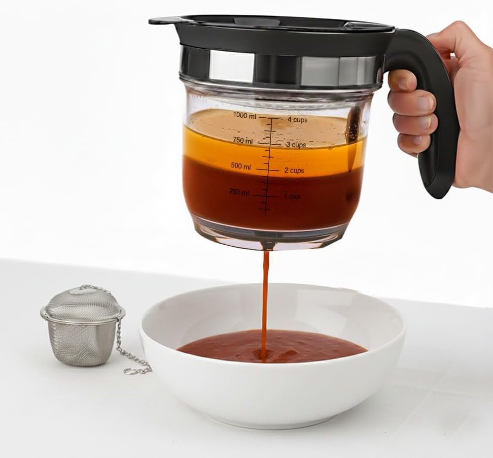 Fat Separator 1000ml with Bottom Release - Gravy & Grease Separator with Strainer for Easy Pouring, Durable Kitchen Tool with Tea Infuser Included