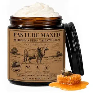 Beef Tallow for Skin and Face, Whipped Tallow and Honey Balm with Beeswax, Grass-Fed Unscented Face Moisturizer for Dry Skin, Made in USA, 4.2 oz