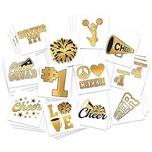 Cheerleading Gold Foil Temporary Tattoos / 36 Pack with 12 Designs/Sparkle Effect/Team Spirit Collection
