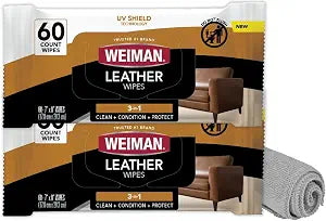 Weiman Leather Cleaner and Conditioner Wipes & Microfiber Towel Kit, Clean, Condition and Restores Leather Surfaces, UV Shield Prevent Cracking & Fading of Leather Furniture, Car Seats, Shoes & Purse