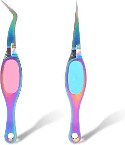 Salbsever 2 Pcs Craft Tweezers - Precision Reverse Tweezers with Soft Grip, Crossing Lock, Fine Point and Curved/Straight Tips