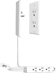 CABOCASA 3FT Flat Plug Extension Cord Power Strip 3 Outlets White Downward