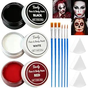 Black White Red Face & Body Paint Kit - 3ï¿½ï¿½50g Halloween Face Makeup Kit with Brushes & Sponges for Halloween Zombie Clown Vampire Ghost Skeleton Cosplay Joker Costume SFX Ma