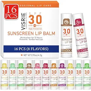VISRIE SPF 30 Lip Sunscreen, 16 Pack, 8 Flavors