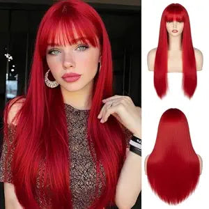 Red Long Silky Straight Wig With Bangs for Women Heat Resistant Synthetic Natural Looking Hair for Girls Daily Use Party Cosplay