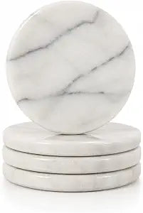Creative Home Set of 4 Genuine Marble Drink Coasters, 4-Inch Round Heat-Resistant Stone Coasters with Non-Slip EVA Backing