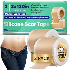 2 Pack Silicone Scar Tape 2" x 120" (2x 3m Rolls) - Strong Adhesion Washable, Reusable Silicone Scar Sheets - Scar Tape for Surgical Scars, C Section Scar Silicone Strips - Fade the look of Marks Away
