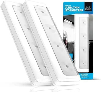 Brilliant Evolution Pack of 2 Wireless LED Stick on Lights Battery Operated Under Cabinet Lighting - 8.5 Inches Long - 65 Lumens Push Light for Kitchen, Closet, and Countertops