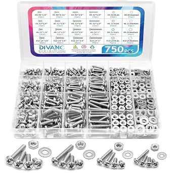 750Pcs Nuts and Bolts Assortment Kit, 10-24#8-32#6-32#4-40 Phillips Pan Head Assortment Stainless Steel Bolts Nuts Flat Washers Nuts Bolts, Hardware Assortment Kit (Phillips Pan Head)
