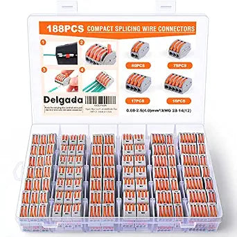 Delgada 188PCS Lever Wire Connector Nuts Kit - Reusable 2/3/4/5 Port Push-in Terminals for Stranded Solid and Flexible Wires - Universal Quick Splicing Connectors