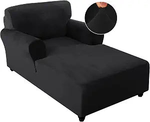 FantasDecor Velvet Chaise Lounge Cover Stretch Double Arm Chair Slipcover for Living Room Bedroom Soft Plush Fabric Machine Washable, Black