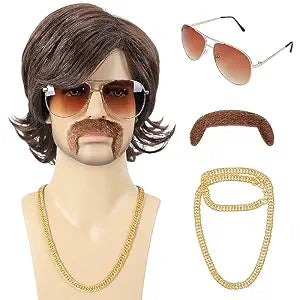 Bettecos 70s 80s Costume Wigs for Men with Mustache Glasses and Chain Short Brown Shaggy Disco Wig for Rocker Singer Hippie Retro Cosplay Halloween Party
