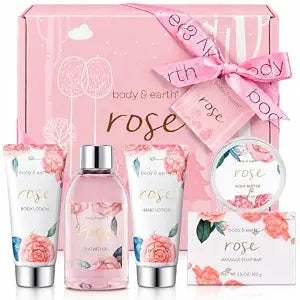 BODY & EARTH Spa Gift Set for Women - Luxurious 5 Pcs Bath and Body Box, Rose Scent, Includes Body Wash, Body Butter, Body Lotion and More, Birthday Christmas Gifts for Mom Self Care Kit for Her