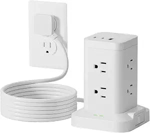 Power Strip Tower with Surge Protector 1800J, Fast Charging Tower PD20W USB-C Ports with 8 AC Outlets, Extension Cord for Home Office Dorm Room, White, 10FT