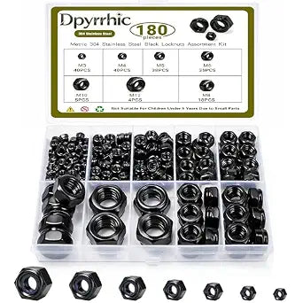 Dpyrrhic 180 Pcs Locknuts Assortment Kit,Black 304 Stainless Steel Lock Nuts Kit Metric Nylon Insert Lock Nuts Set,M3 M4 M5 M6 M8 M10 M12 Size Assortment Kit
