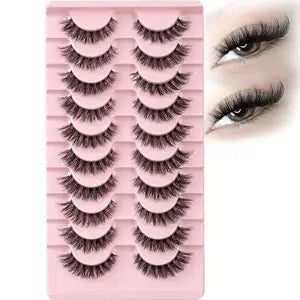 APCYUST Lashes False Wispy Eyelashes Natural Cat Eye Lash Strips 10 Pairs Fake Mink Eyelash Pack 9-14mm Natural Look Fluffy Strip Lashes Clear Band Easy Eyelashes for Beginners with Cluster Looking
