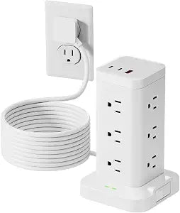 12AC 3USB Power Strip Tower Surge Protector 1800J, 10ft, White, 1
