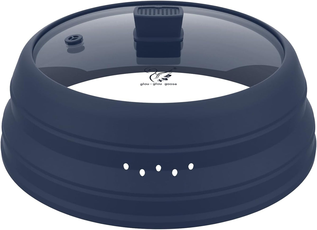 Microwave Splatter Cover Glass Guard Lid with Collapsible Silicone for Food Pot Plate Cover 9.8 inch Dark Blue