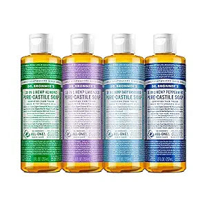 Dr. Bronner's - Pure-Castile Liquid Soap (8 oz Variety Pack) Peppermint, Lavender, Almond & Baby Unscented - Made with Organic Oils, 18-in-1 Uses: Face, Body, Hair, Laundry, Pets and Dishes | 4 Count