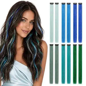 12PCS Mermaid Mix Clip-In Hair Extensions with Silver Tinsel