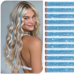 SOFEIYAN Clip in Hair Tinsel - 12 PCS Light Blue Clip ins Glitter Tinsel heat resistant Hair Extensions Sparkle Fairy Dazzle Colorful Accessories Kit for Women 20 Inch