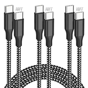 SwaggWood 60W USB C to USB C Cable 10ft 3 Pack Fast Charging Braided Cord