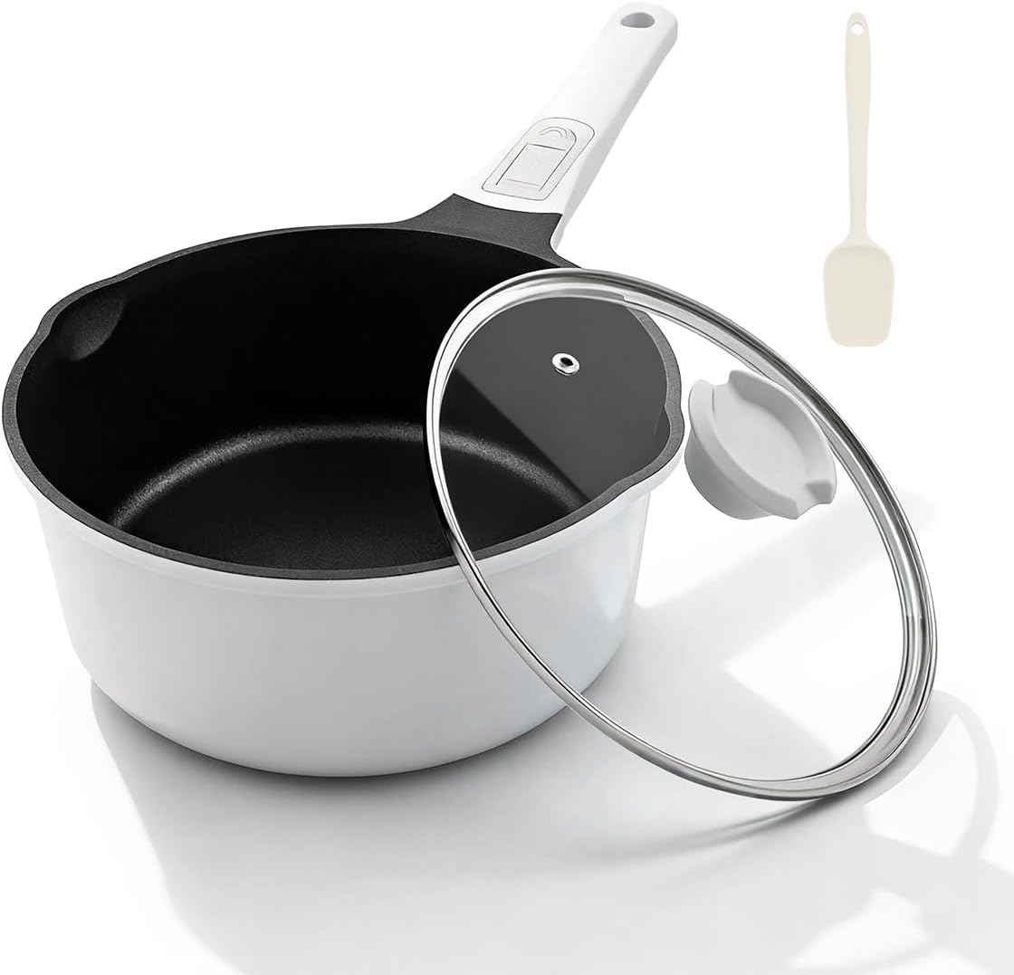 2 Qt Saucepan with Lid, Nonstick Sauce Pot with Pour Spout, White