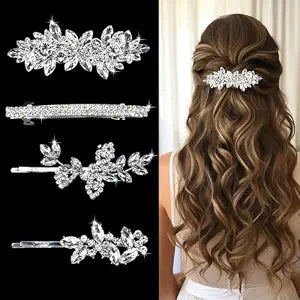 4 Pieces Rhinestone Hair Clips Leaf Wedding Hair Pins Crystal Bobby Pins Silver Bridal Hairpin Barrette for Brides Bridesmaids Flower Girls