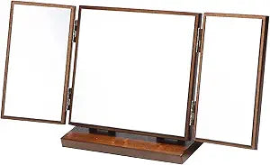 Mikinona Wood Dressing Table Mirror Folding Desktop Cosmetics Trifold Mirror with Carve Pattern for Makeup Dresser and Home Use Elegant Cherry Finish