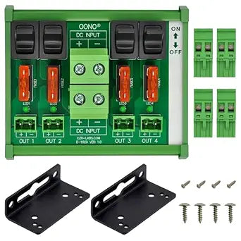 DC Power Distribution Module, Rocker Switch, Fused, Pluggable Top Wiring Terminal Block, DIN Rail and Screw Mount (4 Channel)