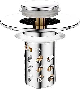Bathroom Sink Stopper Hair Catcher, Pop Up Sink Drain Strainer with Removable Stainless Steel Hair Catcher Filter Basket, Anti Clog Floor Drain Filter, Brass Bounce Core