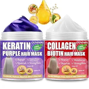 Keratin Hair Treatment-Purple Hair Mask Remove Brassy Yellow for Blonde,Platinum,Bleached Hair & Collagen Hair Mask With Biotin for Dry Damaged Hair,Natural Deep Conditioner with Argan Oil,Jojoba Oil