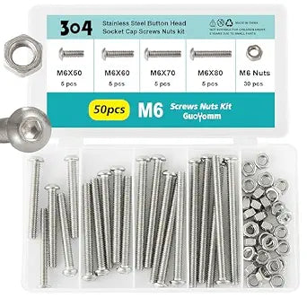 50PCS M6 x 50mm 60mm 70mm 80mm, Button Head Socket Cap Screws Bolts Nuts Kit, Stainless Steel 304, Metric Allen Hex Drive, Fully Threaded