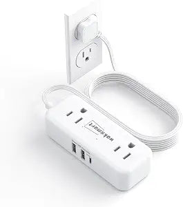 Flat Plug Extension Cord 5 Ft with 4 AC Outlets 3 USB Ports (5V/3.4A 17W)
