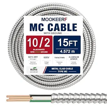 10/2 MC Cable with Ground - 15FT Pure Copper 10AWG/2 Metal Clad Wire with Aluminum Armor 10 Gauge 2 Conductor Type MC Alum Cable