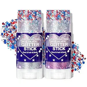 Red White Blue Hair Glitter Stick, 4th of July Patriotic America Flag Star Face Body Glitter, 250th Independence Day Outfits for Women, Waterproof Cheer Glitter Makeup for Soccer Game