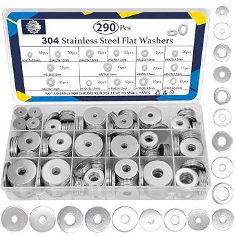 ZQZ 290Pcs Stainless Steel Flat Washers Assortment Kit;Fender Washer M3-M12
